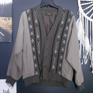 VINTAGE Cooper Knitwear Khaki Argyle Knit Grandpa Bomber Jacket Size Small